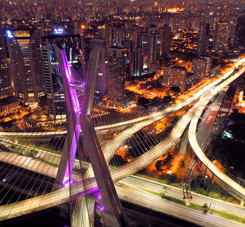 Estaiada's bridge night aerial view of São Paulo, Brazil's financial center.